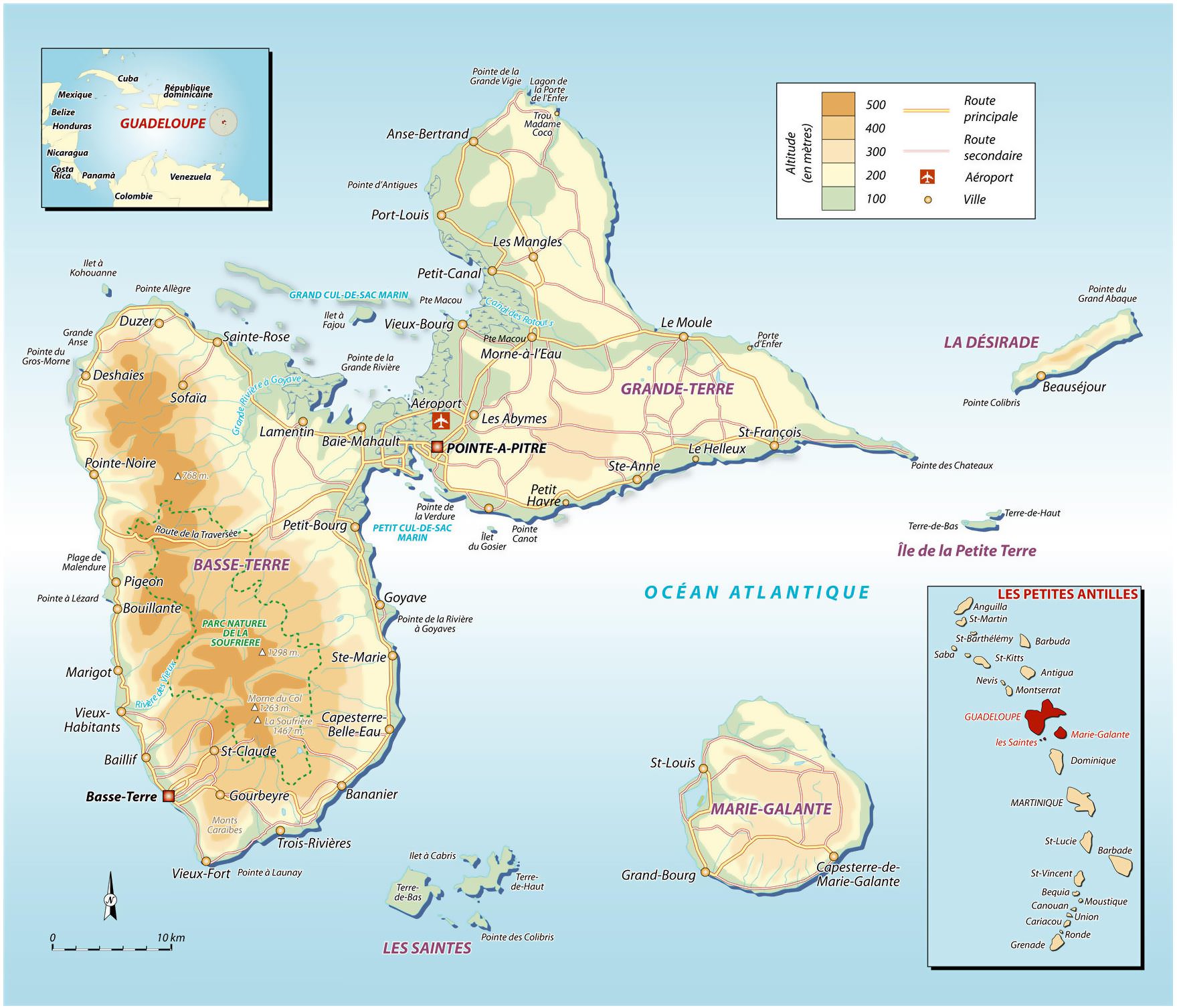 Карта Гваделупы с высотами и городами